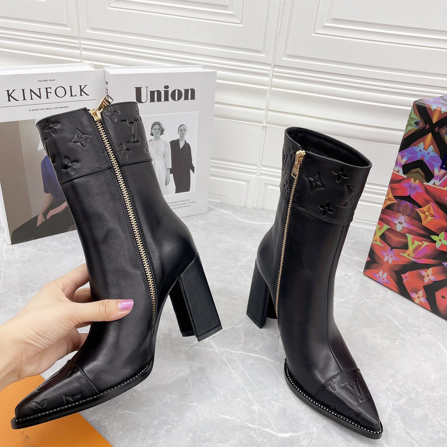 British style knight women's long boots light luxury color matching printing thick heel high heel sleeve locomotive foreign style thin boots S07