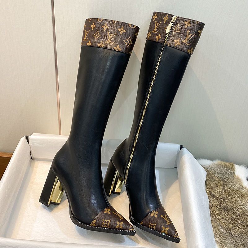 British style knight women's long boots light luxury color matching printing thick heel high heel sleeve locomotive foreign style thin boots