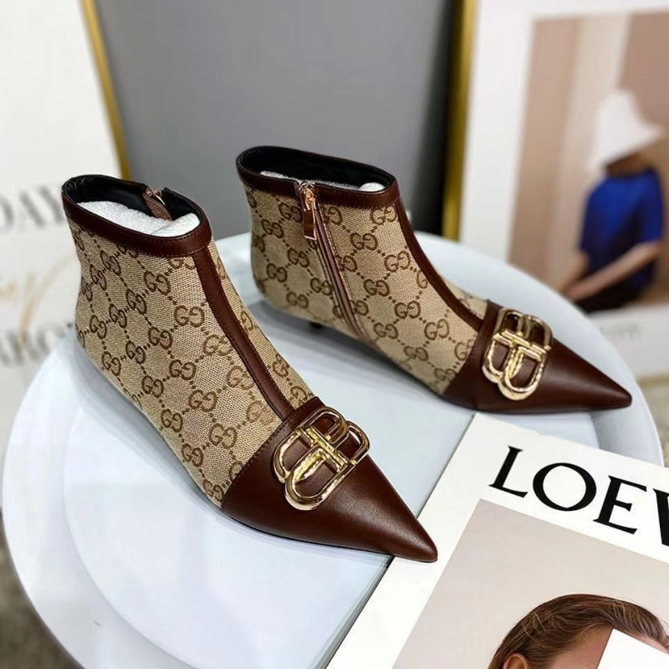 High quality metal buckle ankle boot with pointed toe heel