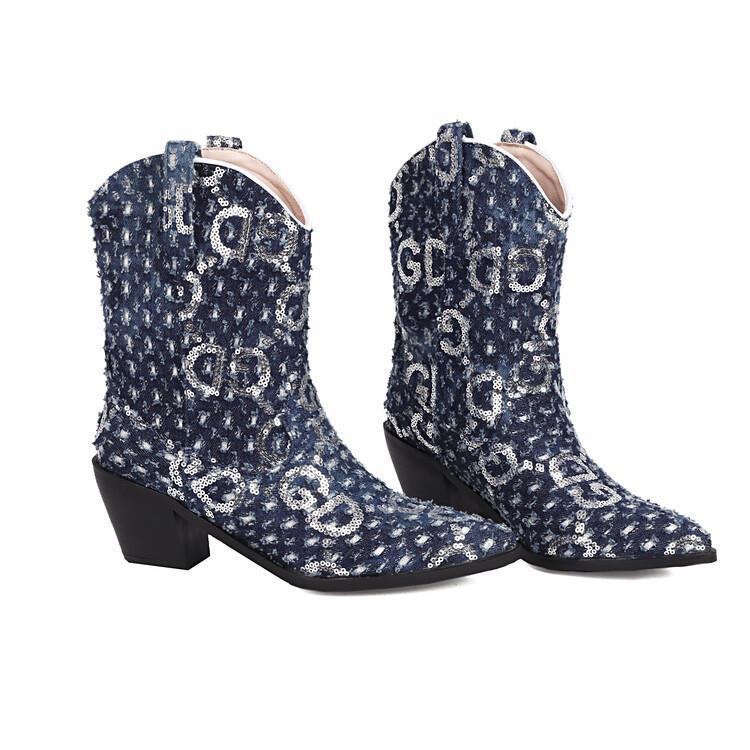 New denim blue ankle boots with chunky heels for women 68-23090802