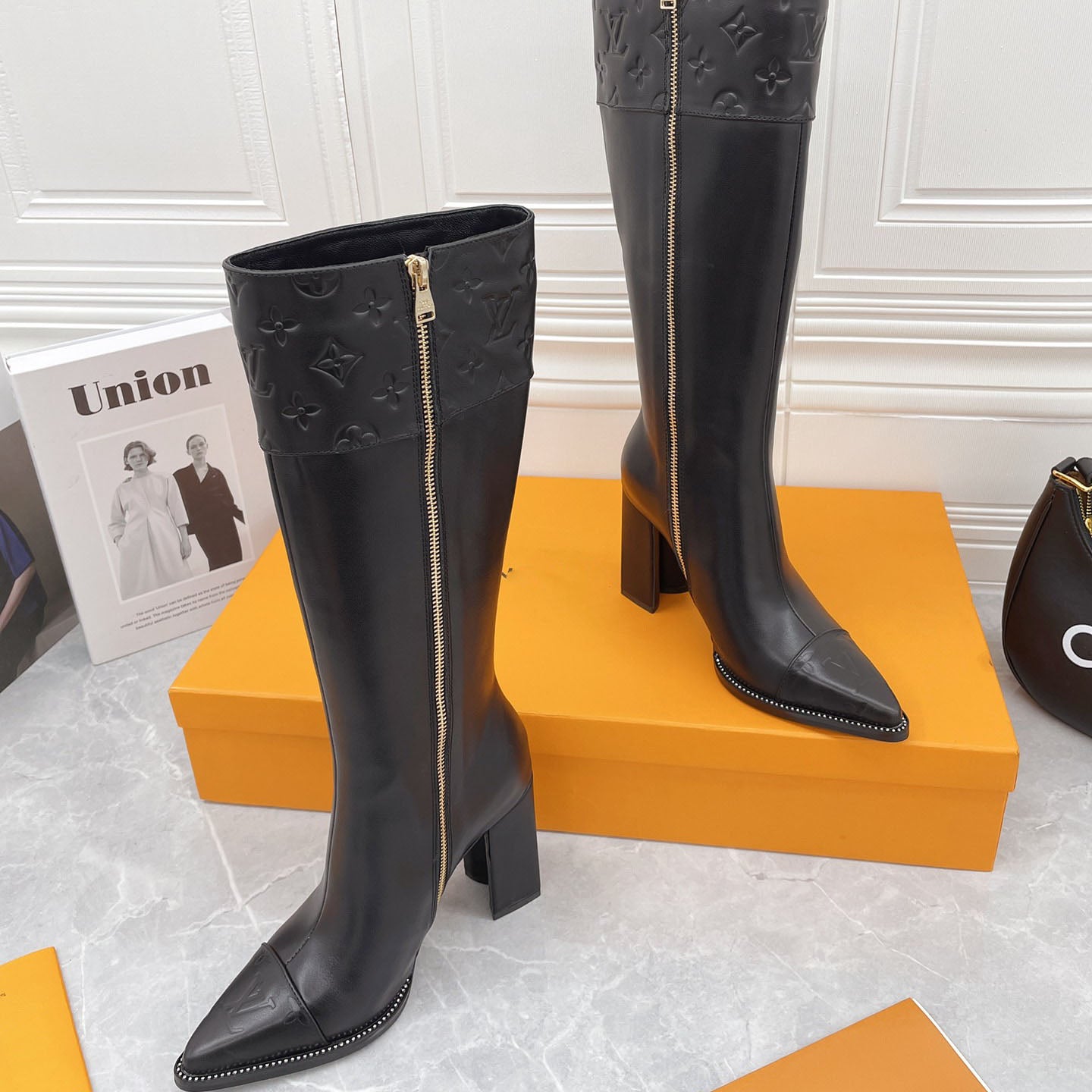 British style knight women's long boots light luxury color matching printing thick heel high heel sleeve locomotive foreign style thin boots S04