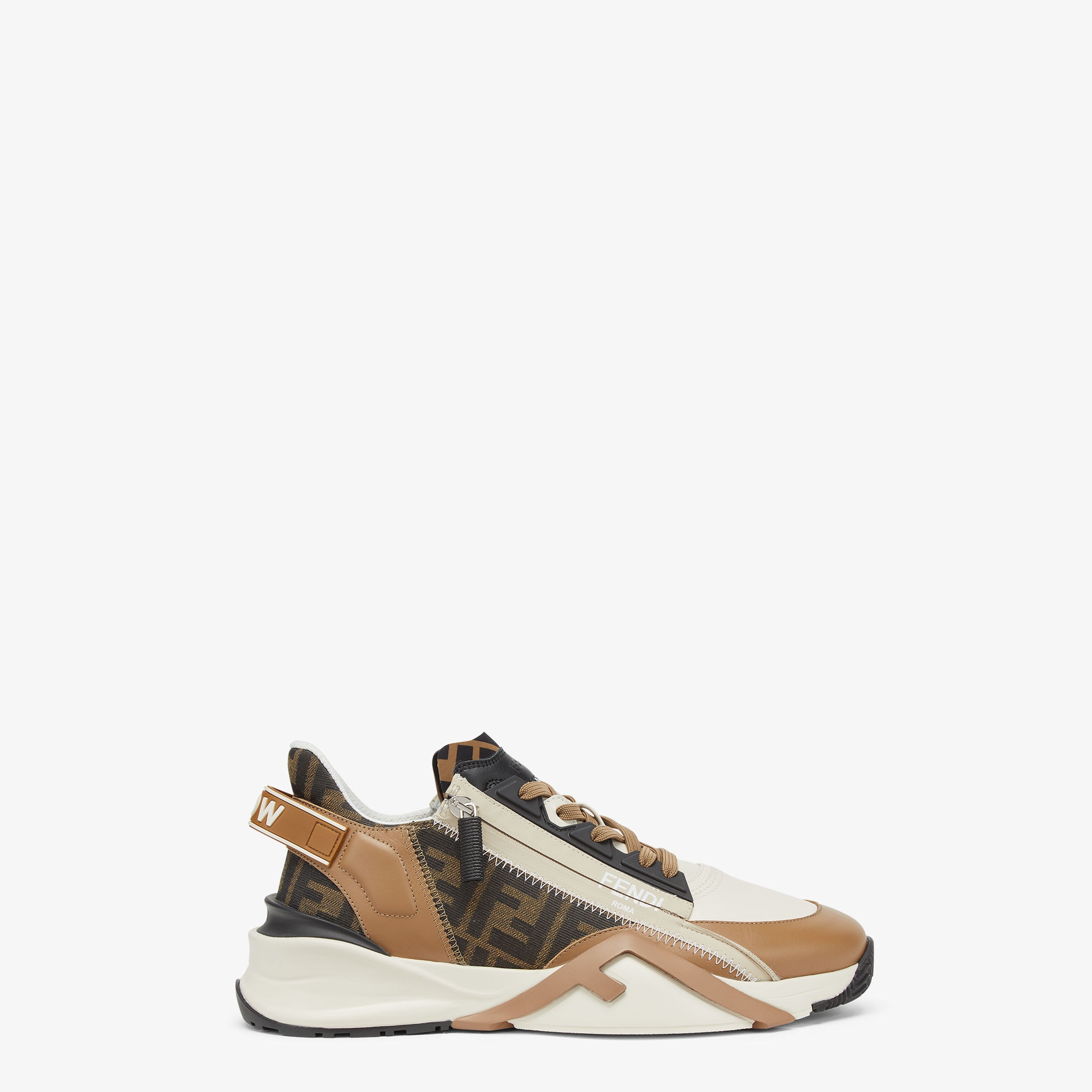 Brown leather and brown FF jacquard running shoes