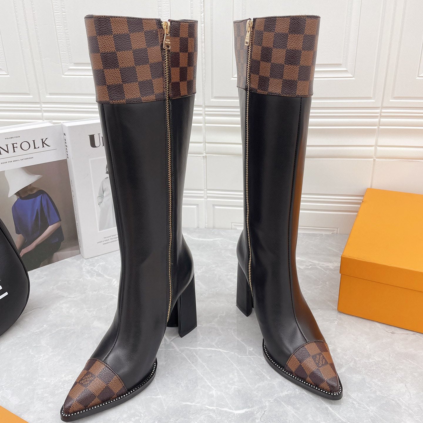 British style knight women's long boots light luxury color matching printing thick heel high heel sleeve locomotive foreign style thin boots S03