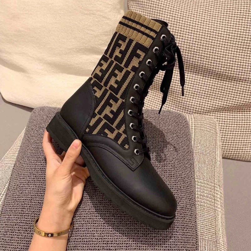 Autumn and winter flat lace-up knitted stitching martin boots high-top low-heel thick-heeled elastic ankle boots