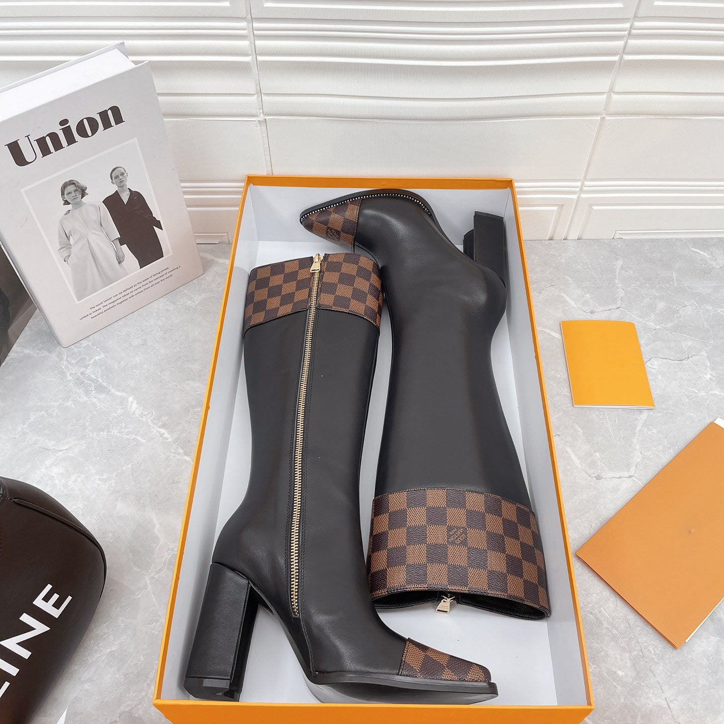 British style knight women's long boots light luxury color matching printing thick heel high heel sleeve locomotive foreign style thin boots S03