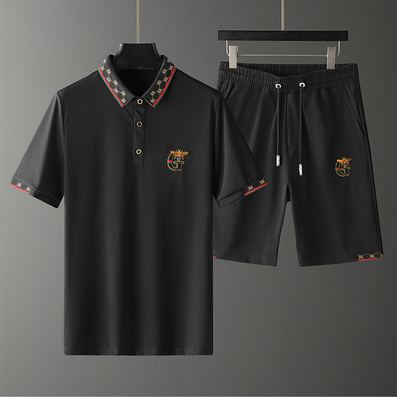 Light luxury casual summer heavy craft embroidery men's lapel t-shirt shorts suit