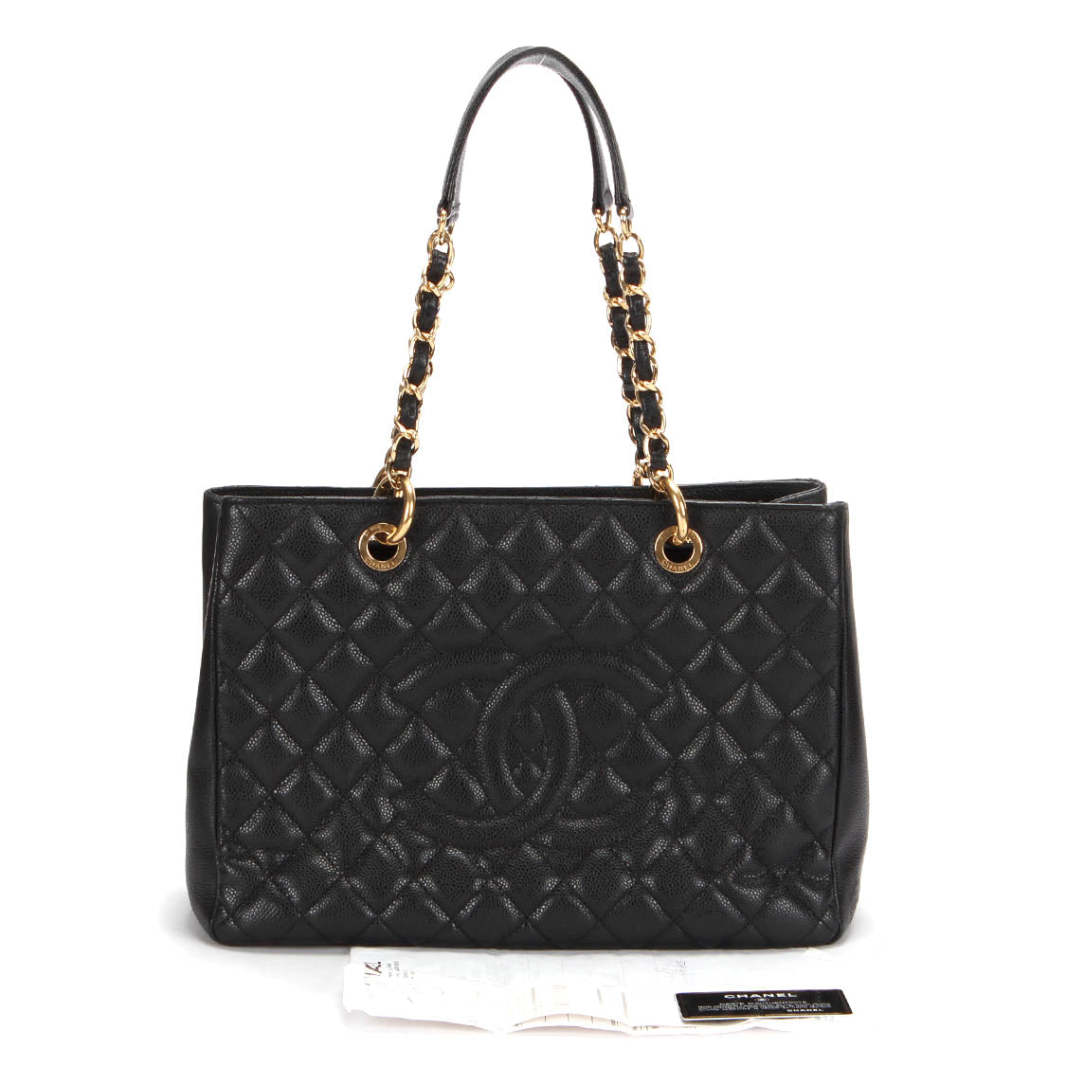 Caviar Quilted Grand Shopping Tote GST Black - Gold chain 1