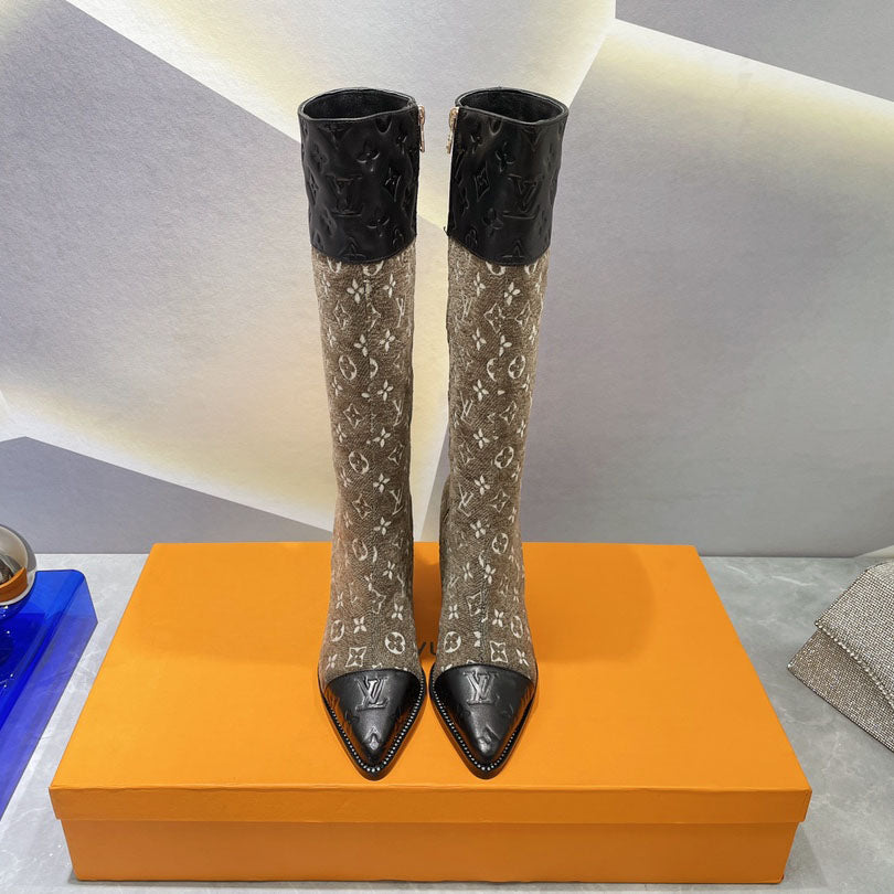 British style knight women's long boots light luxury color matching printing thick heel high heel sleeve locomotive foreign style thin boots S02