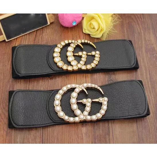 Alphabet Decorated Elastic Girdle Pearl Rhinestone Elastic Wide Belt