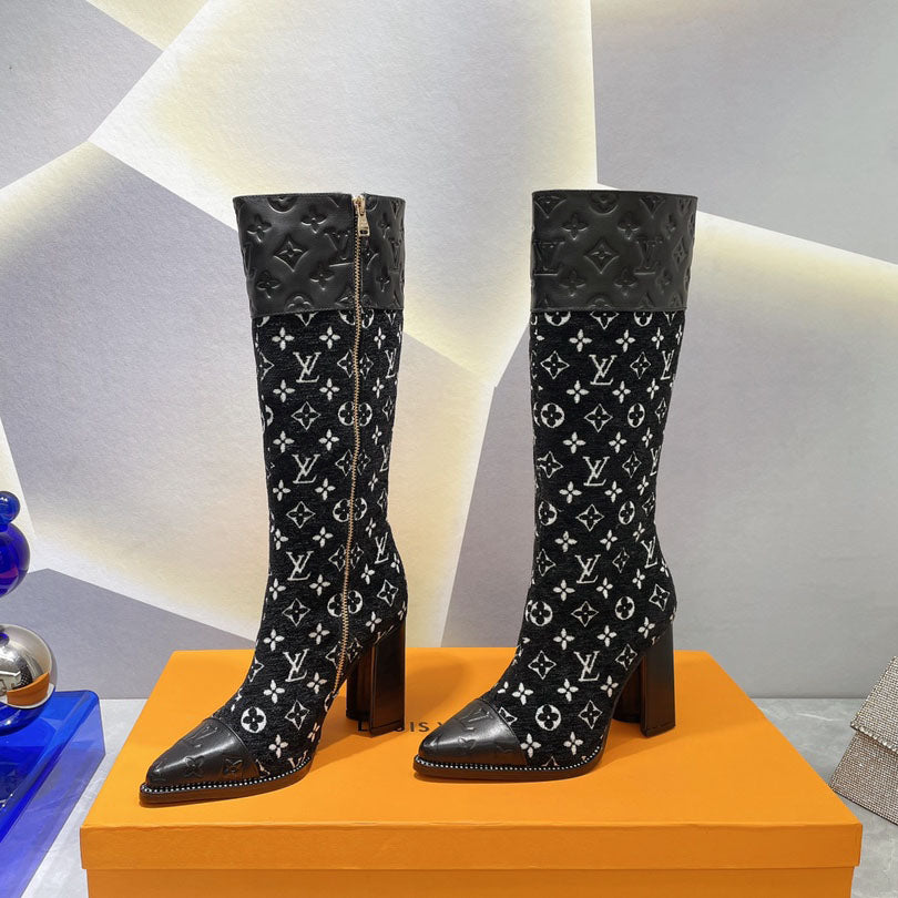 British style knight women's long boots light luxury color matching printing thick heel high heel sleeve locomotive foreign style thin boots S01
