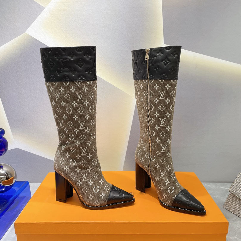 British style knight women's long boots light luxury color matching printing thick heel high heel sleeve locomotive foreign style thin boots S02