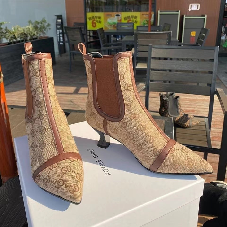 Women's ankle boots with high heels, cloth ankle elastomer design