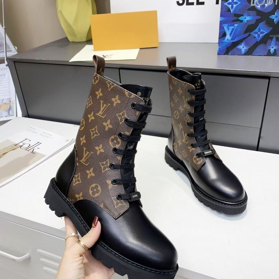 Martin boots women's autumn and winter new lightweight British style thick heel lace leather round toe short boots women's shoes