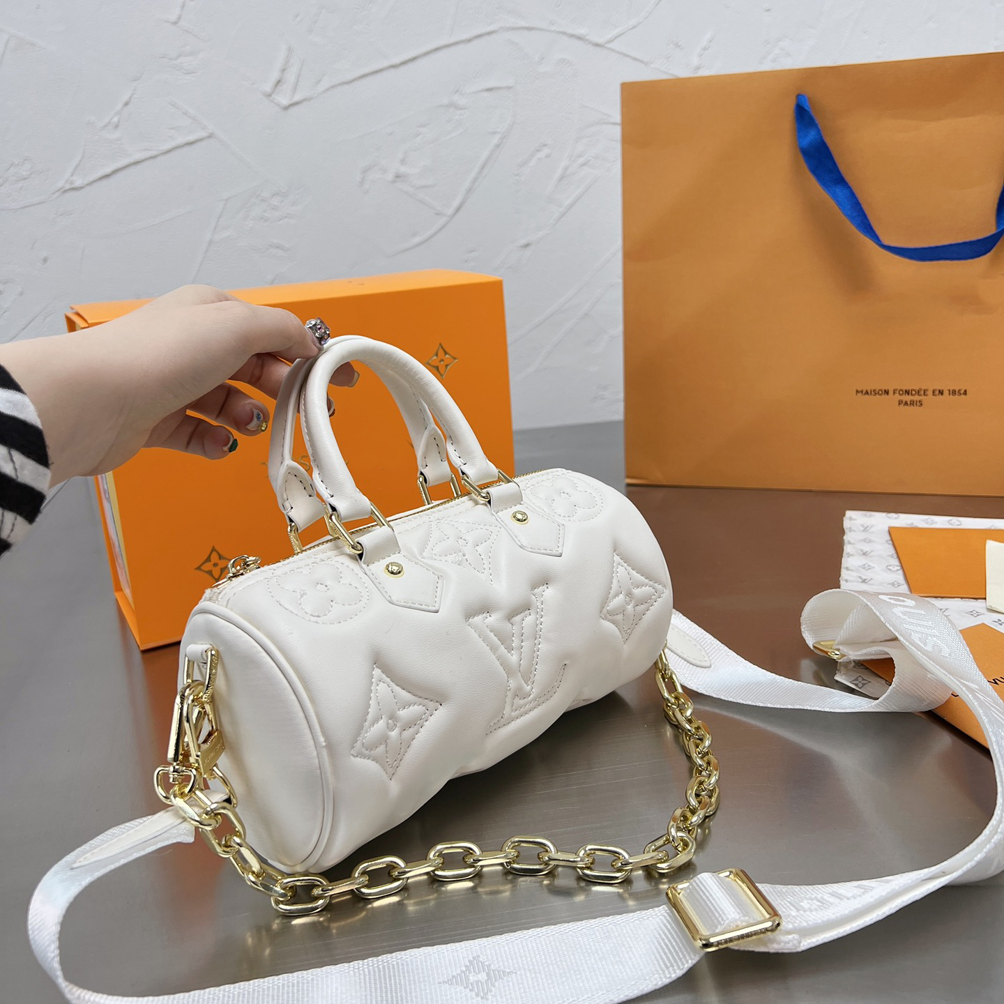 Women's White Brand Print Bucket Bag
