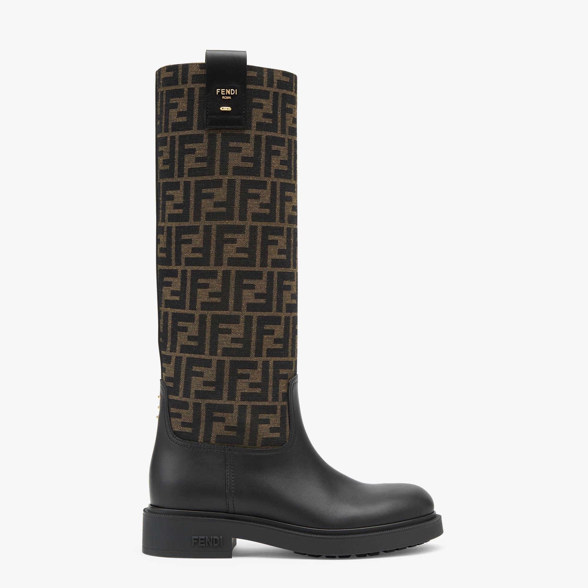 Black leather and brown FF fabric boots