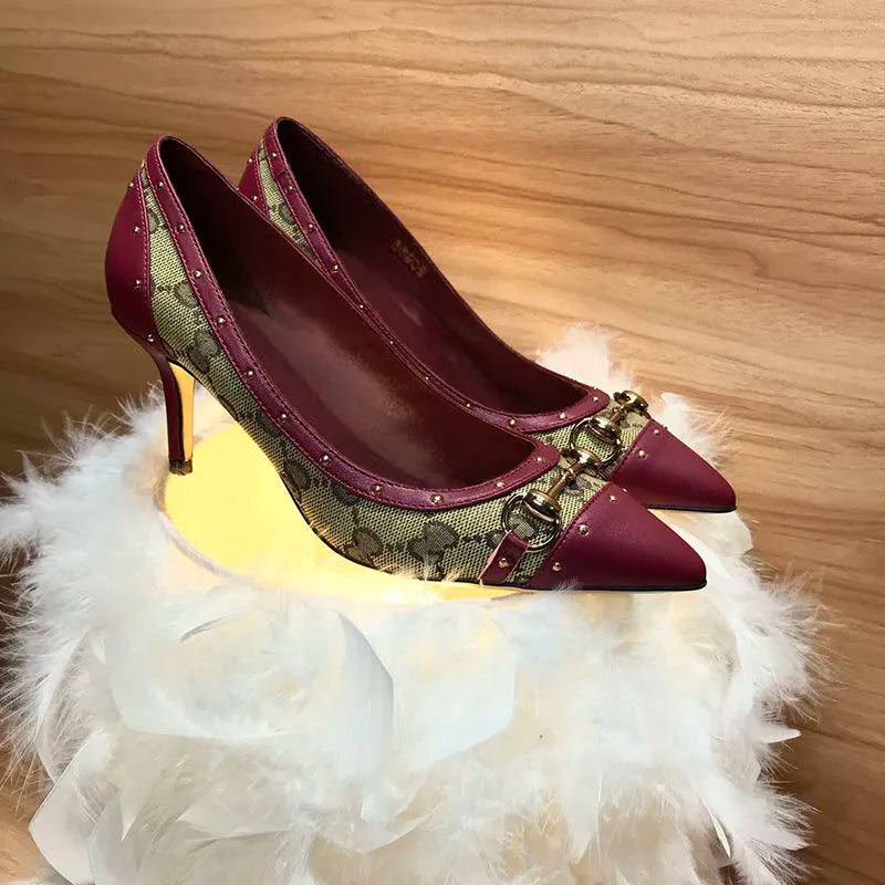 Pointed toe stiletto high heels women's color matching shallow mouth horsebit buckle rivets all-match women's shoes