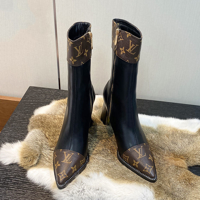 Printed British style light luxury high-heeled thick-heeled ankle boots fashion temperament pointed toe high-end women's shoes thin boots