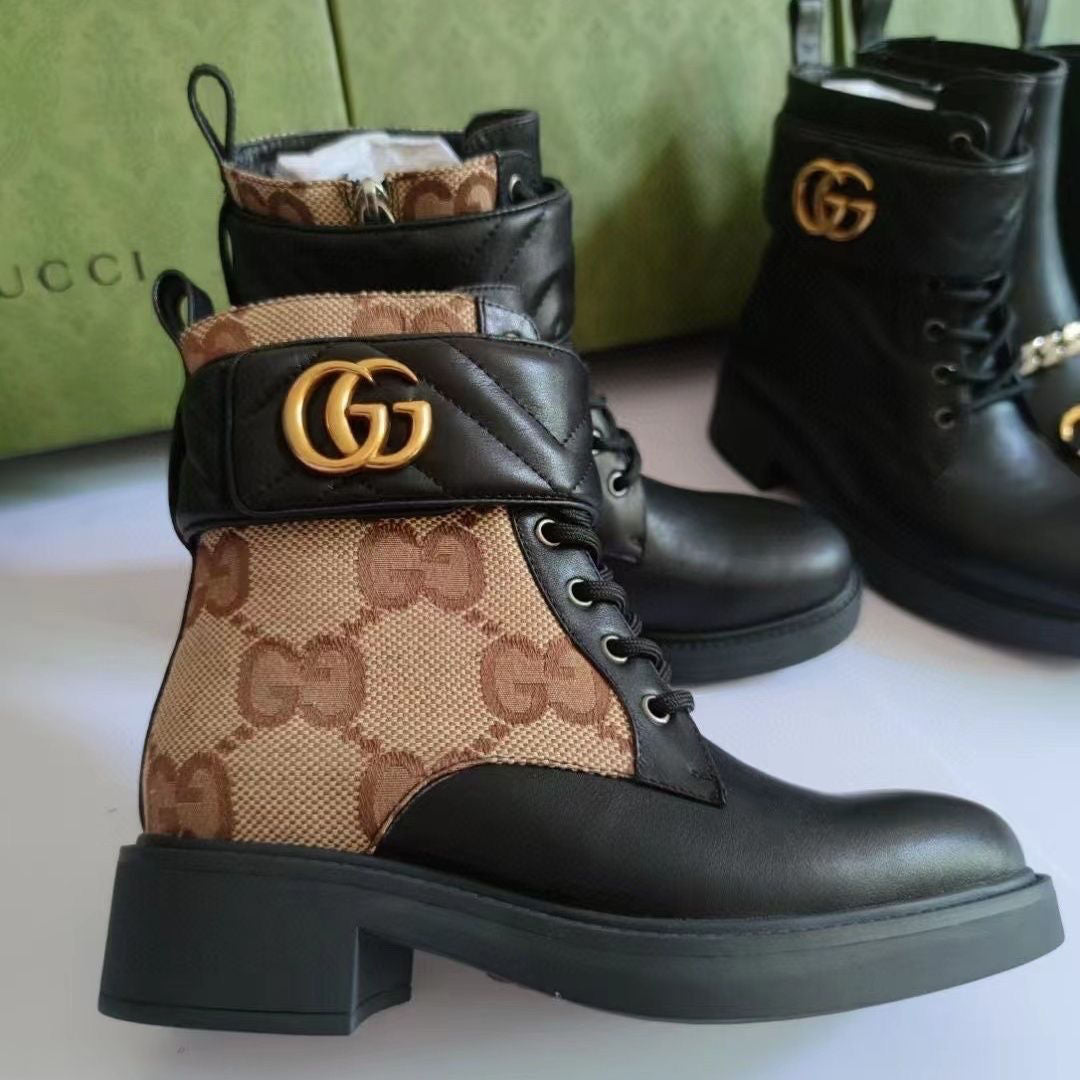 New Ankle Boots Original Single Cross Presbyopia Belt Thick High Heel Socks Boots Leather Short Boots Boots Women's Boots