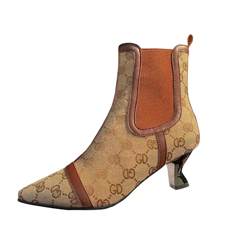 Women's ankle boots with high heels, cloth ankle elastomer design