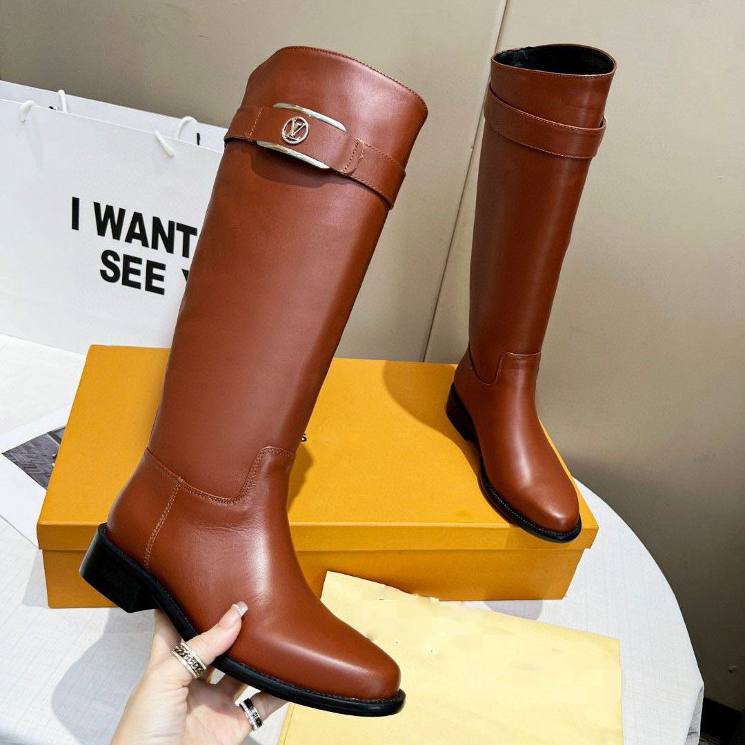 British style new knight women's shoes flat all-match comfortable breathable light luxury leather letter buckle women's boots
