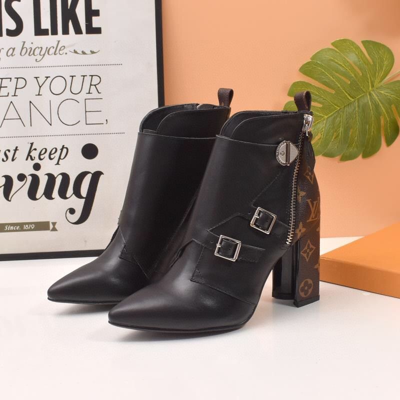 Metal decorative side zipper high-heeled light luxury all-match high-heeled women's short boots