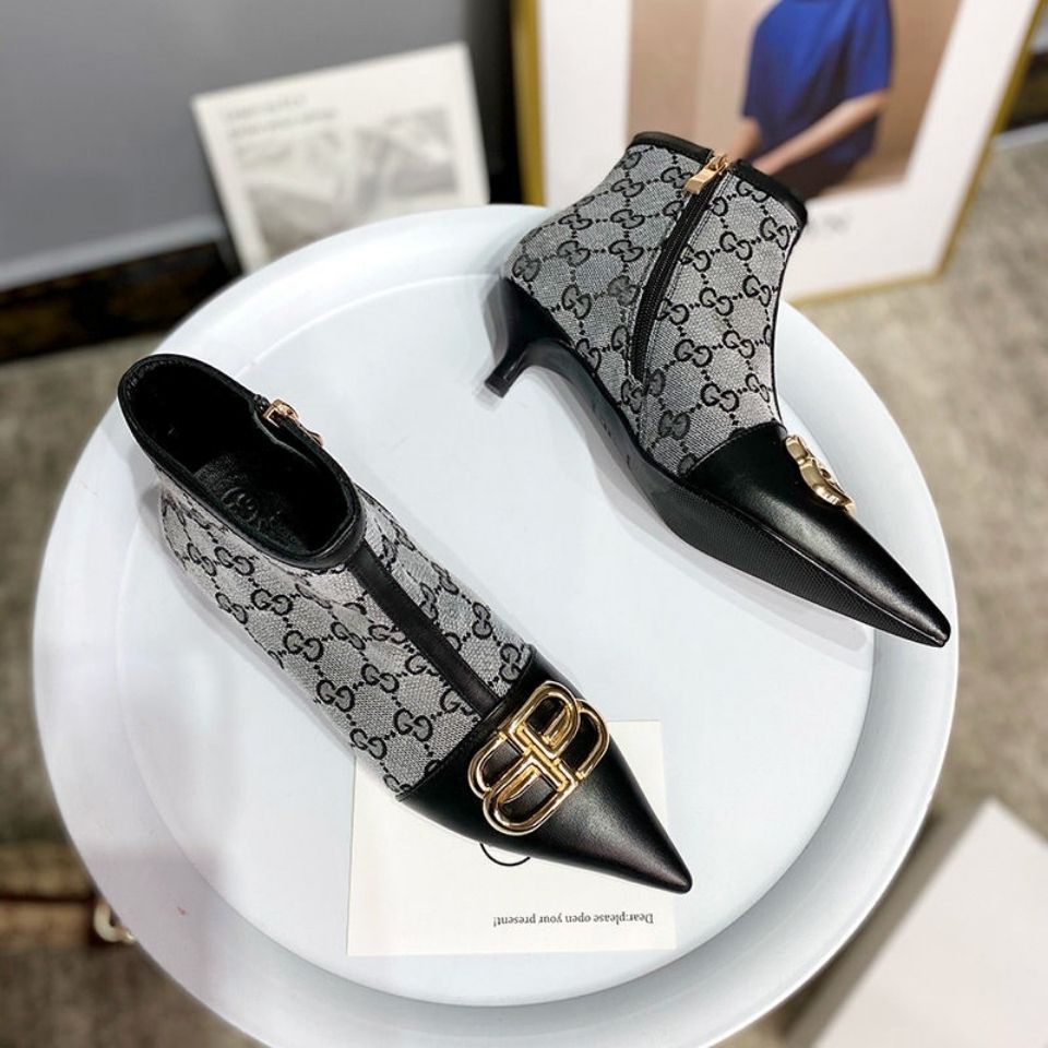Buckle pointed toe short boots women's Martin boots women's autumn new trendy short tube stiletto boots