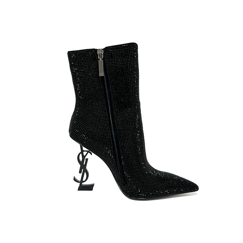 YSL rhinestone high-heeled short boots