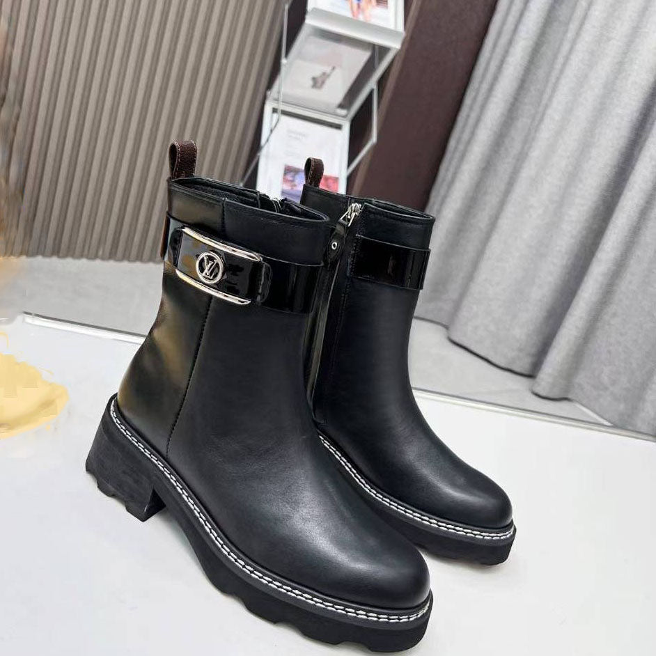 British style new knight women's shoes flat all-match comfortable breathable light luxury leather letter buckle women's short boots