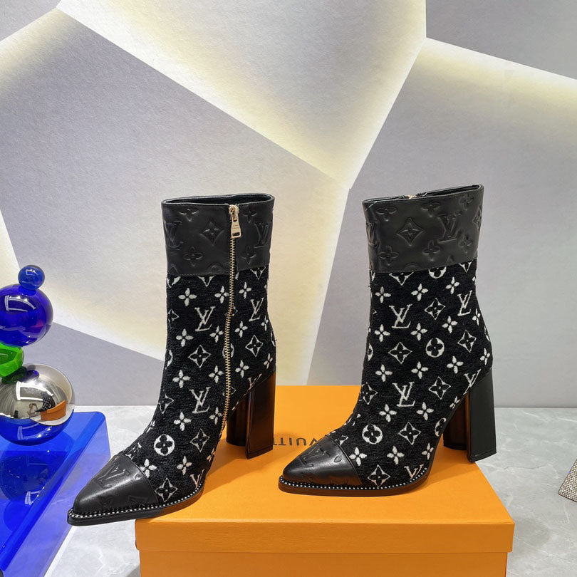 British style knight women's long boots light luxury color matching printing thick heel high heel sleeve locomotive foreign style thin boots S05