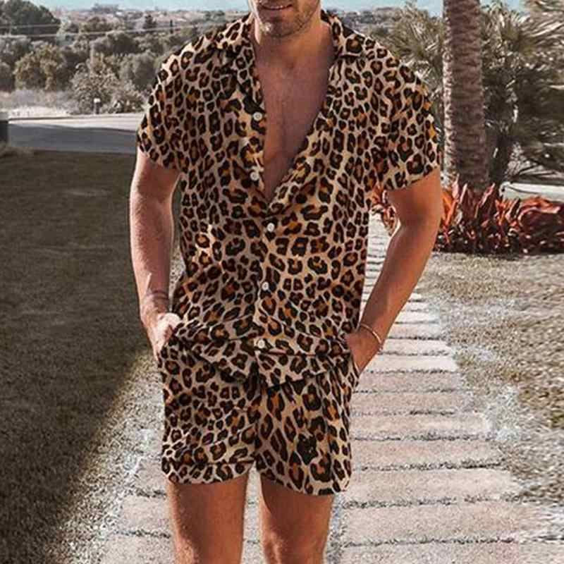 2022 spring new popular shirt men's loose and casual two-piece leopard print men's clothing