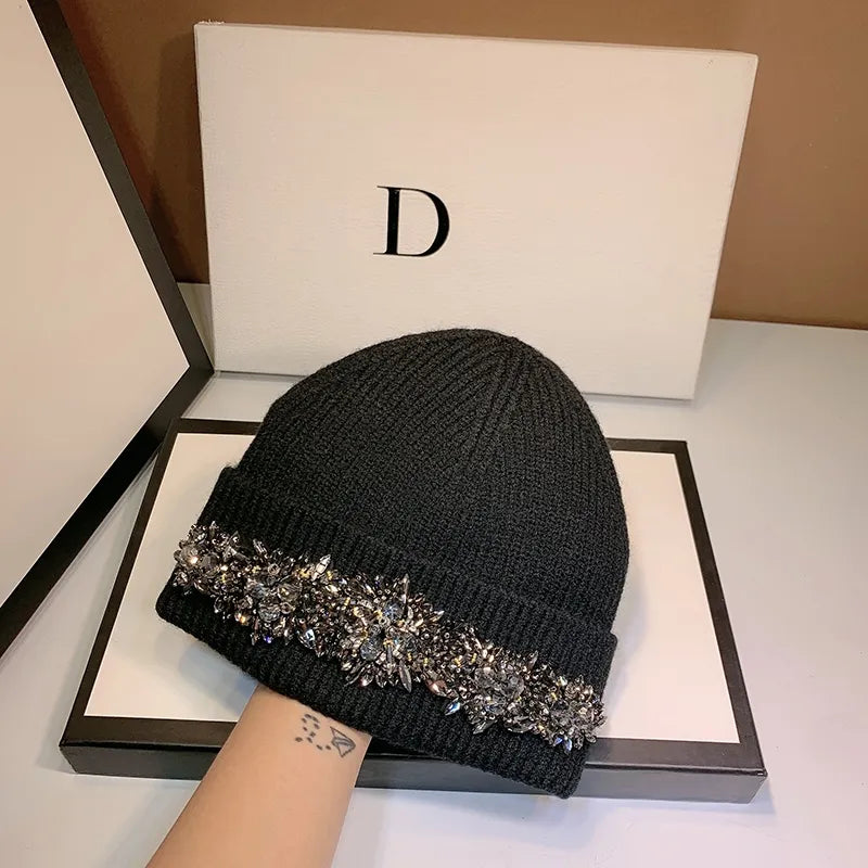 New heavy handmade rhinestone knitted hat Japanese all-match black woolen hat autumn and winter travel warm ear protection hat