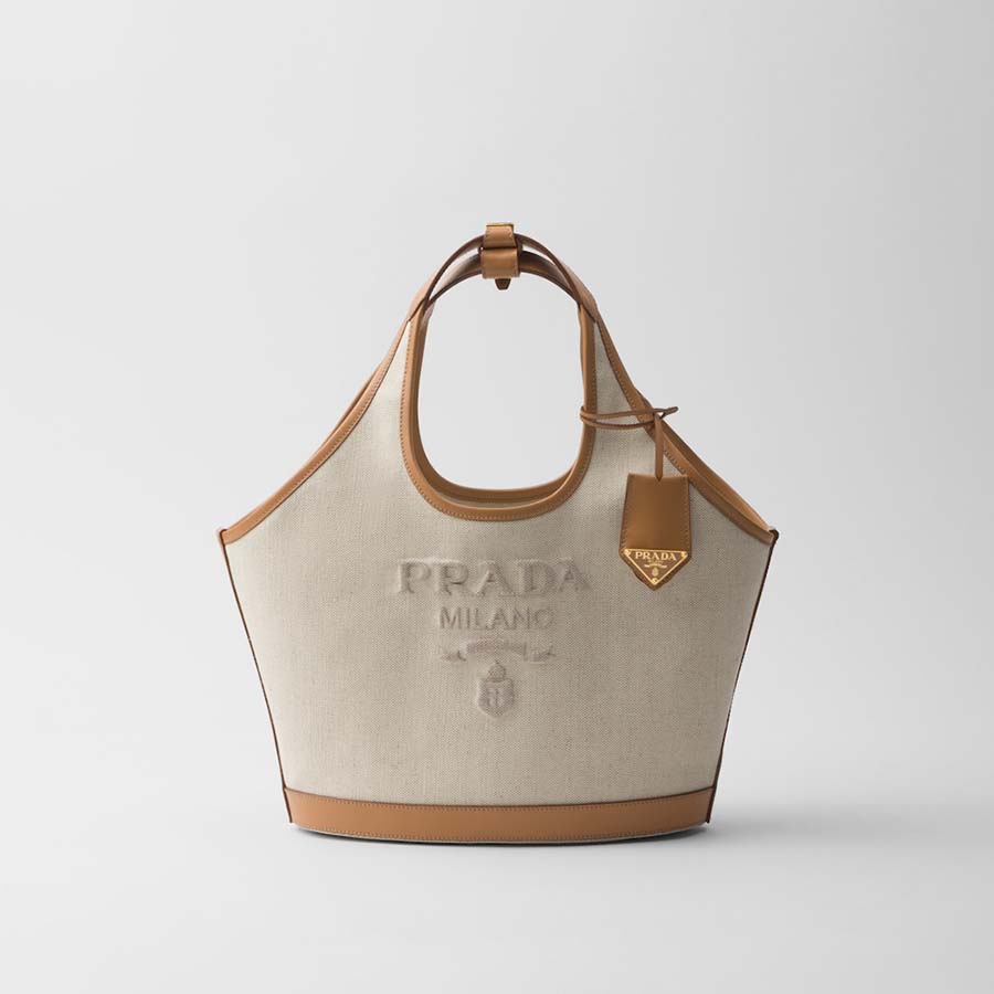 Medium linen blend and leather tote bag
