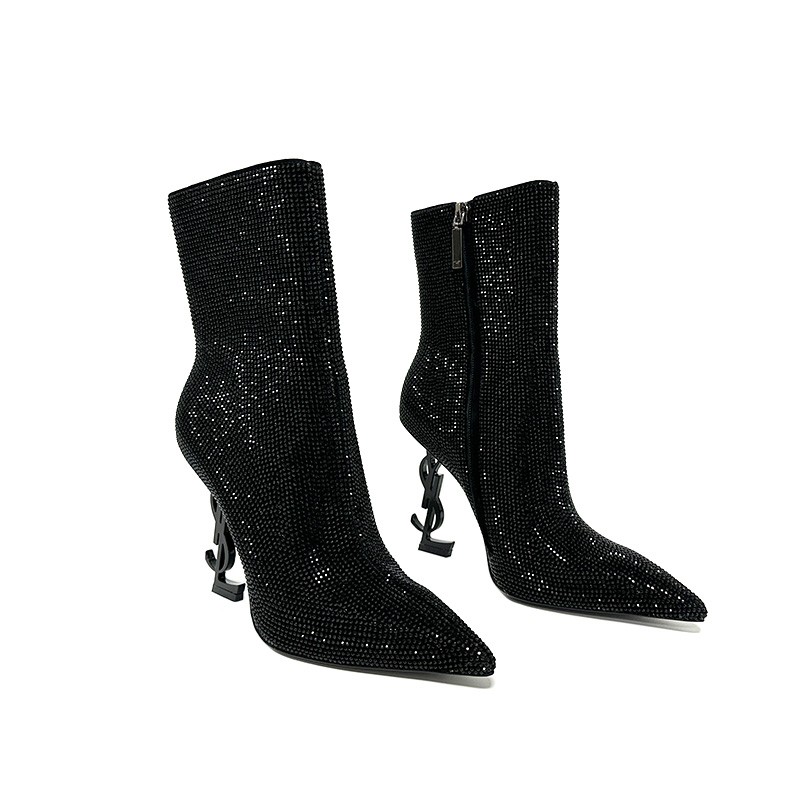 YSL rhinestone high-heeled short boots