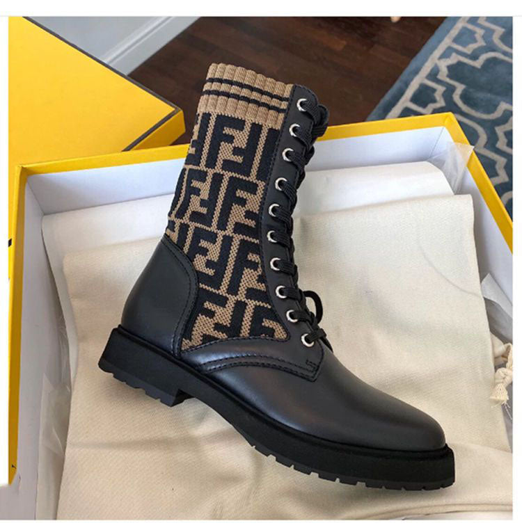 Autumn and winter flat lace-up knitted stitching martin boots high-top low-heel thick-heeled elastic ankle boots