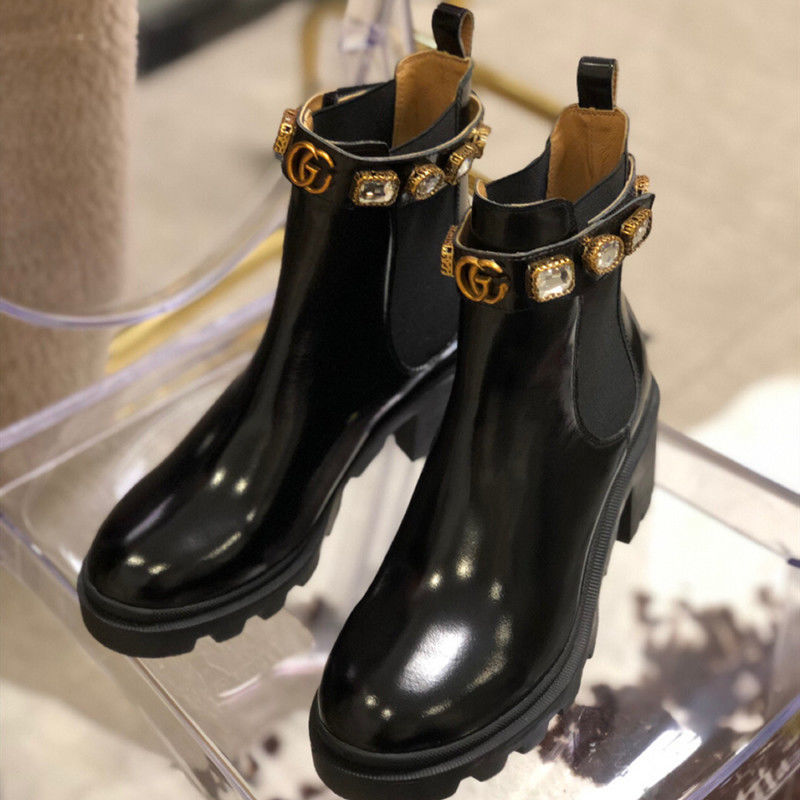 Autumn and winter new rhinestone chain ankle boots women's thick-heeled high-heeled Martin boots thick-soled Velcro plus velvet