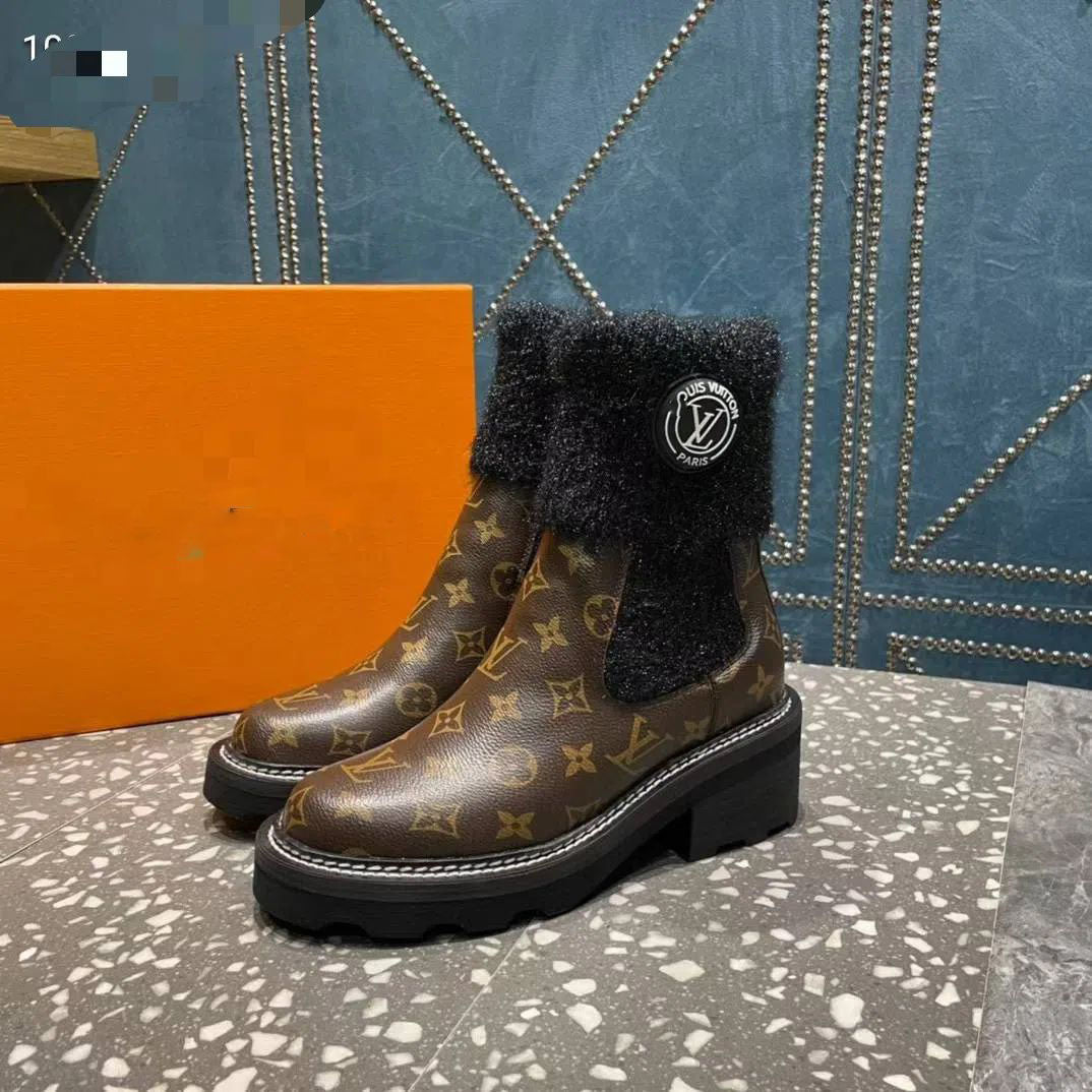 European station British style thick-heeled high-heeled women's short boots high-end leather all-match breathable water table letter fur collar women's shoes