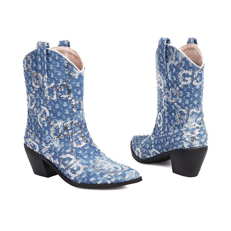 New denim blue ankle boots with chunky heels for women 68-23090802
