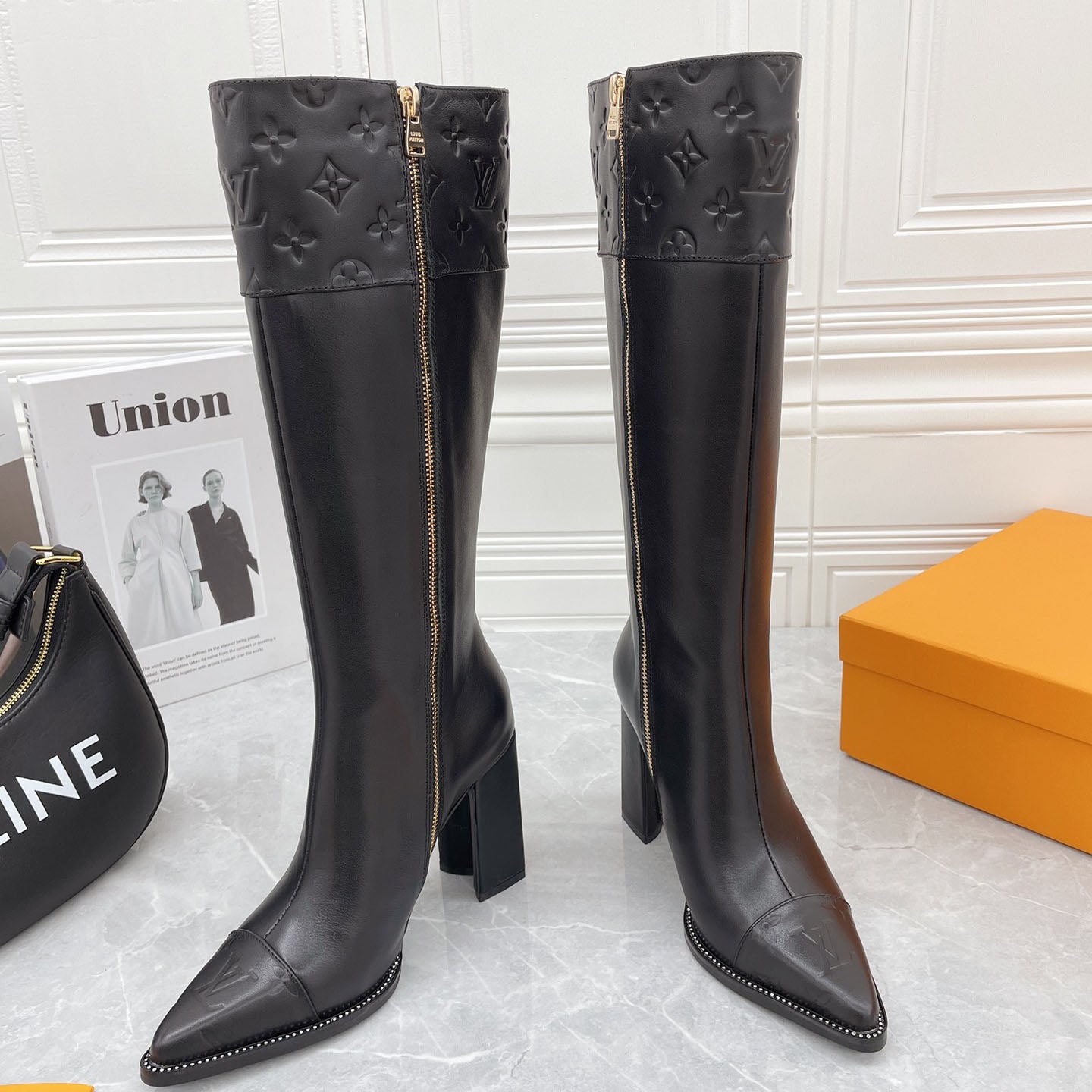 British style knight women's long boots light luxury color matching printing thick heel high heel sleeve locomotive foreign style thin boots S04