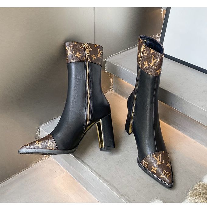 Printed British style light luxury high-heeled thick-heeled ankle boots fashion temperament pointed toe high-end women's shoes thin boots