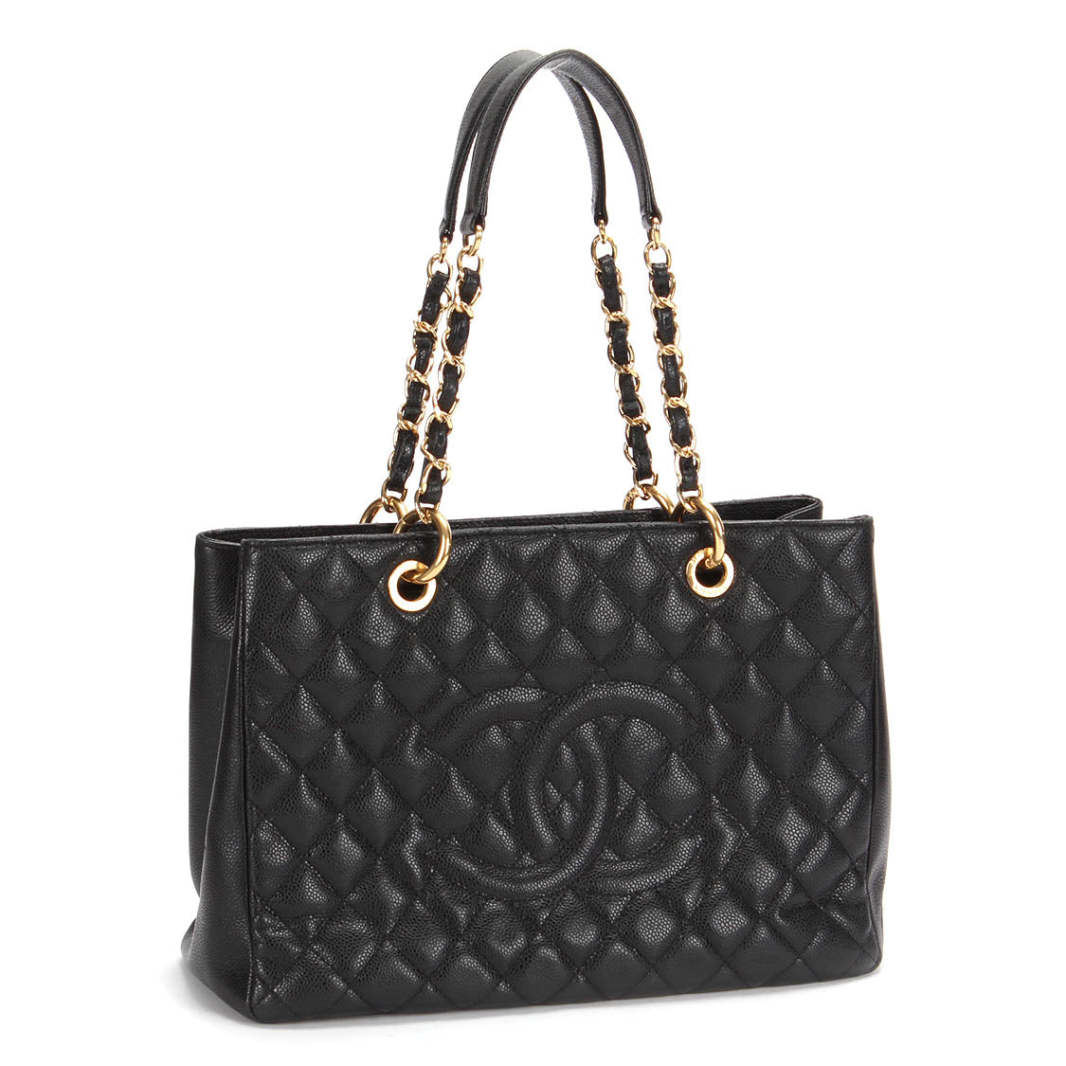 Caviar Quilted Grand Shopping Tote GST Black - Gold chain 1