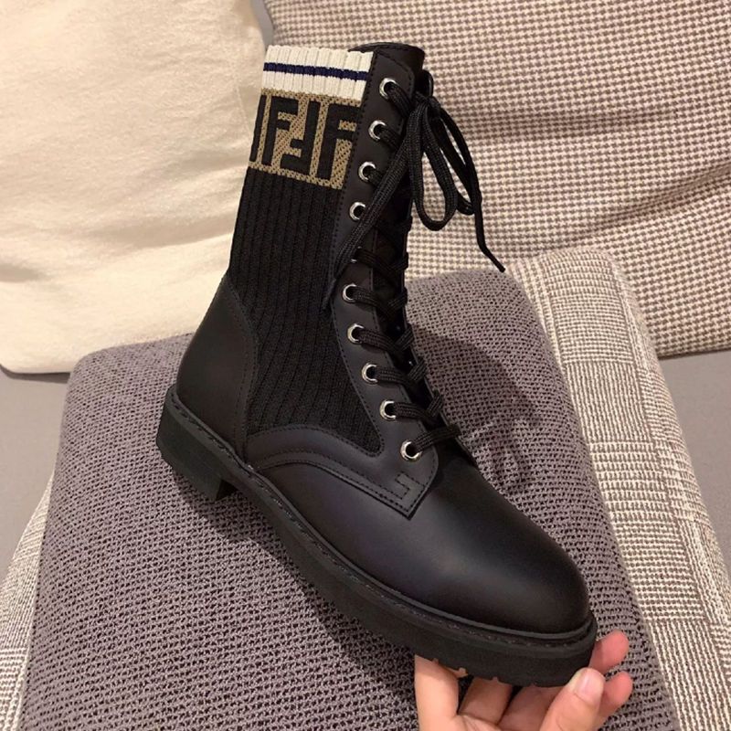 Autumn and winter flat lace-up knitted stitching martin boots high-top low-heel thick-heeled elastic ankle boots