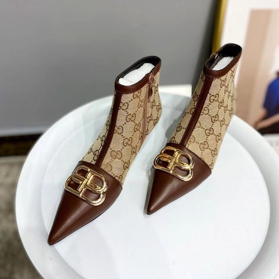 High quality metal buckle ankle boot with pointed toe heel