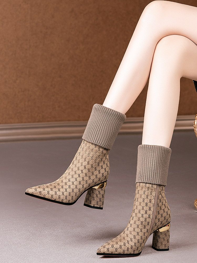 Pointed-toe western-style elastic wool high-heeled boots