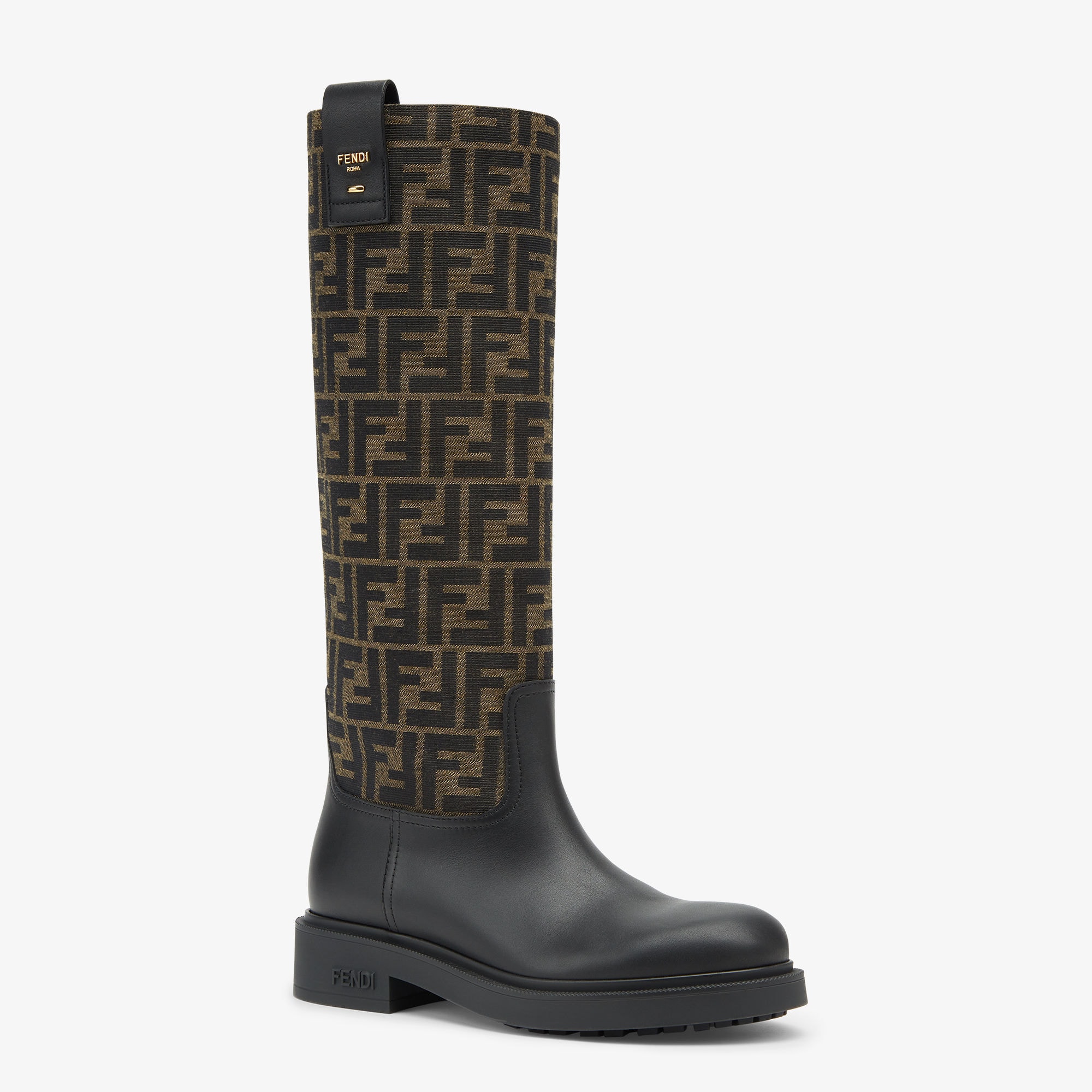Black leather and brown FF fabric boots