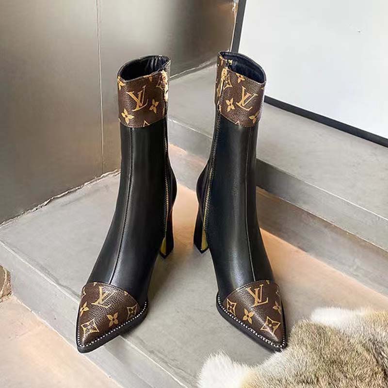 Knight's mid-leg boots, light and luxurious coloured prints and chunky heel