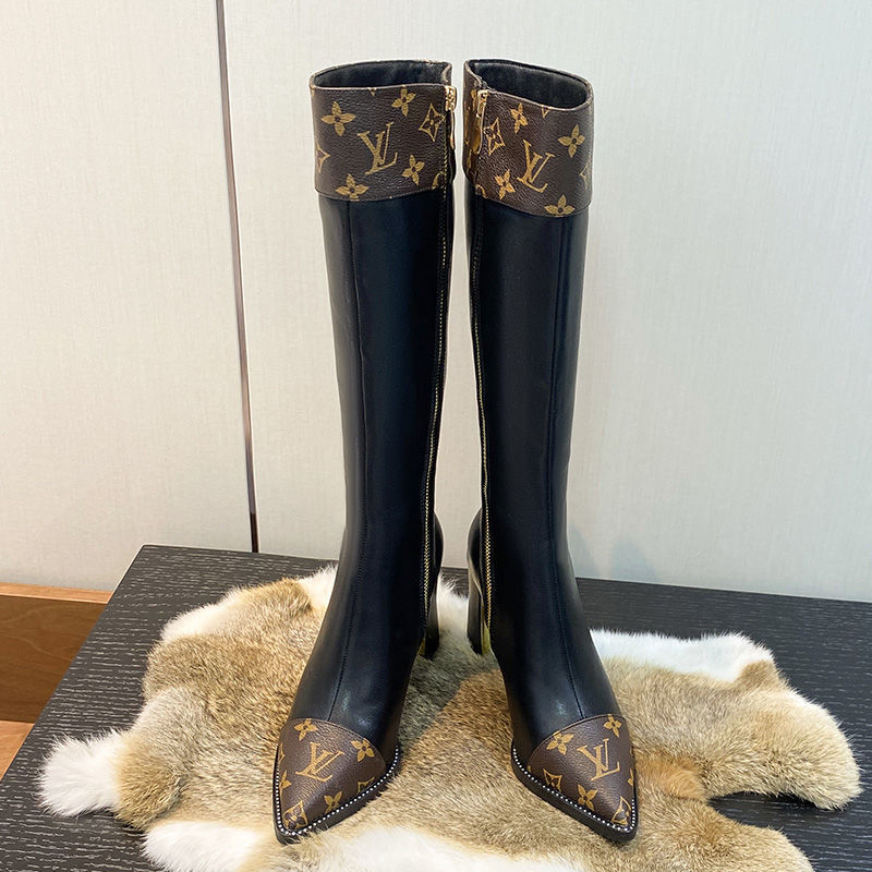 British style knight women's long boots light luxury color matching printing thick heel high heel sleeve locomotive foreign style thin boots