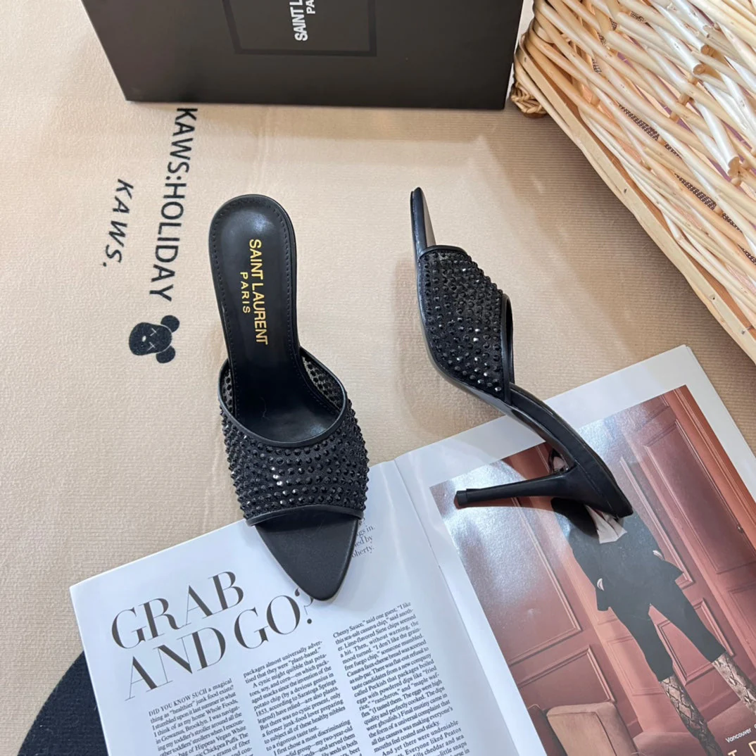 Pointed mesh rhinestone sandals