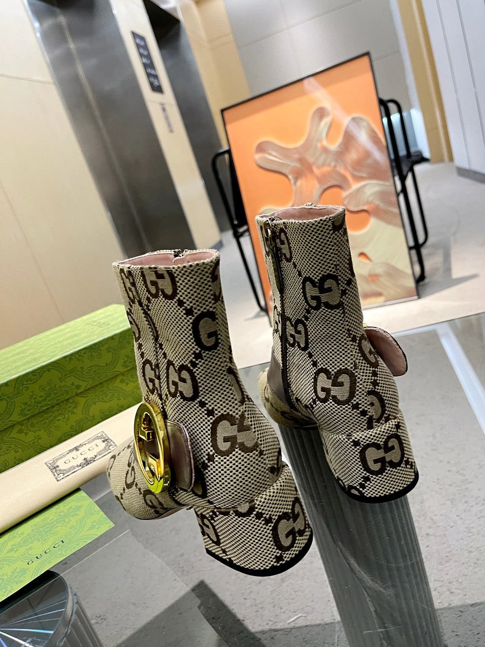 Canvas printed high-heeled boots Heel height: 5cm