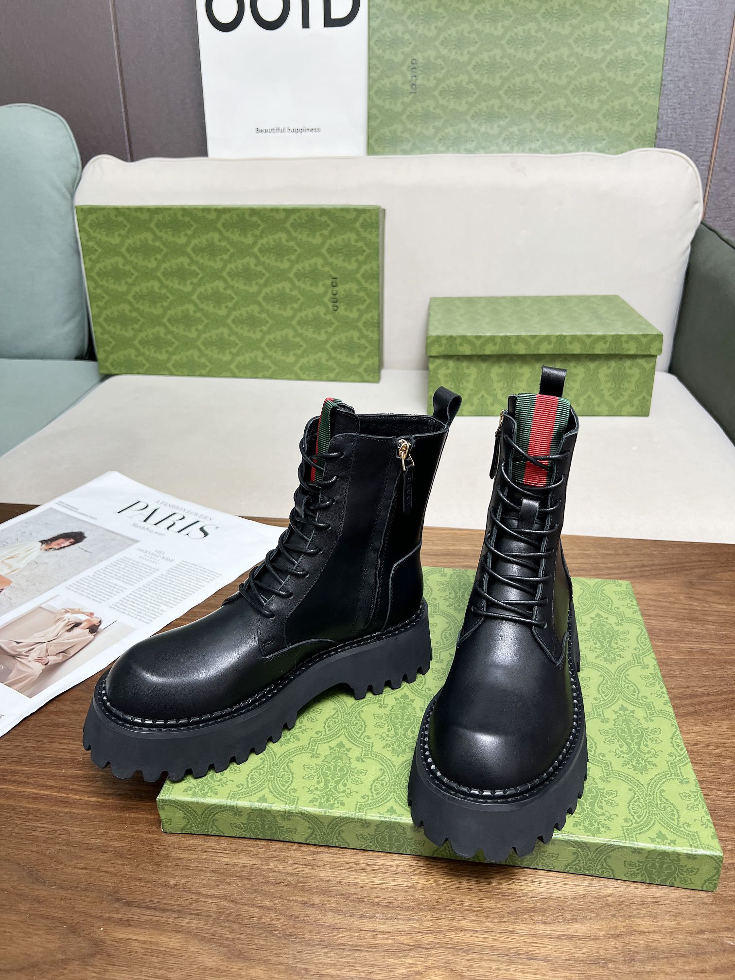 Lace-up cowhide/open edge beads Martin boots heel height: 5cm