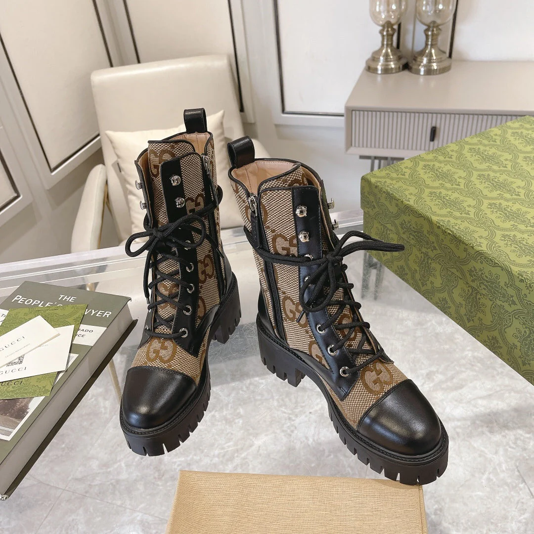 Jacquard canvas lace-up ankle boots Heel height: 6 cm